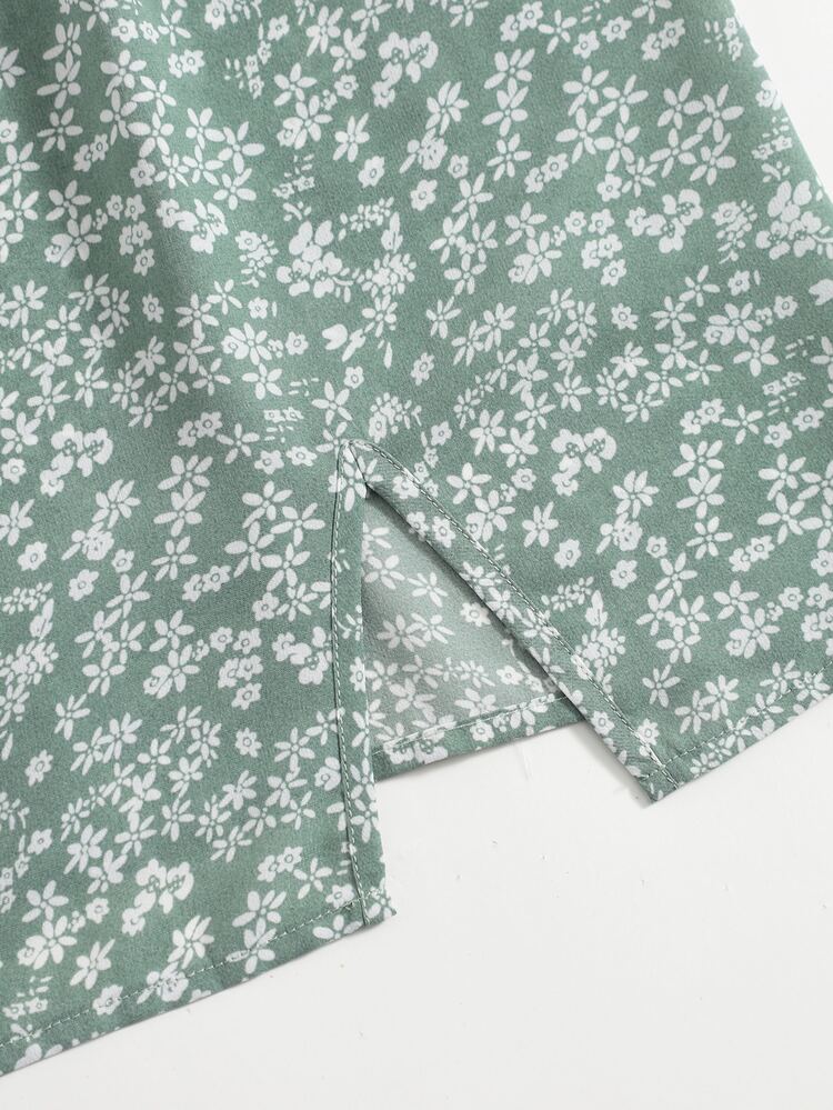 SHEIN Knot Shoulder Ruched Bust Split Hem Ditsy Floral Dress - Multicolor - View 6