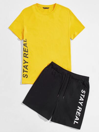 Manfinity Men Letter Graphic Top & Drawstring Waist Track Shorts Set