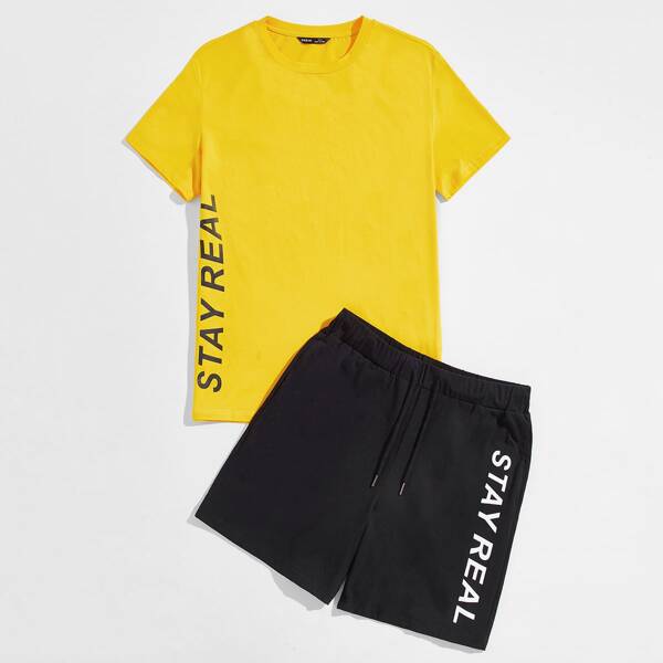 

Men Letter Graphic Top & Drawstring Waist Track Shorts Set, Multicolor