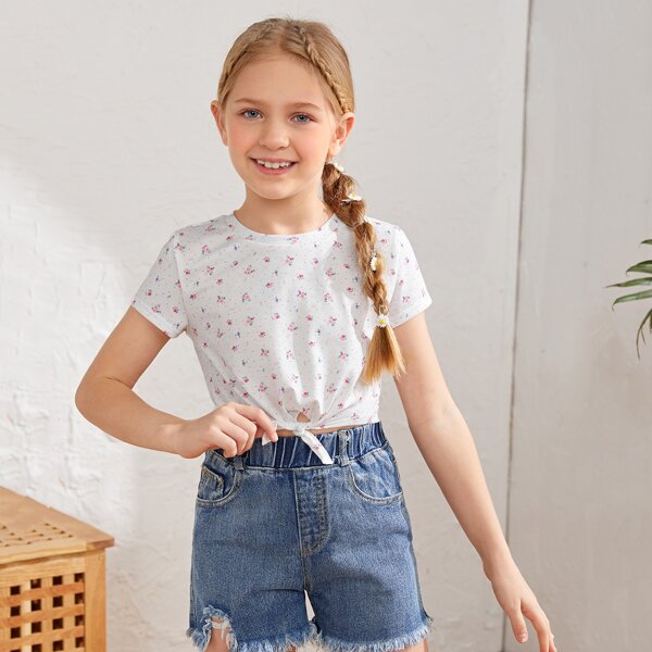 

Girls Ditsy Floral Knot Hem Tee, White