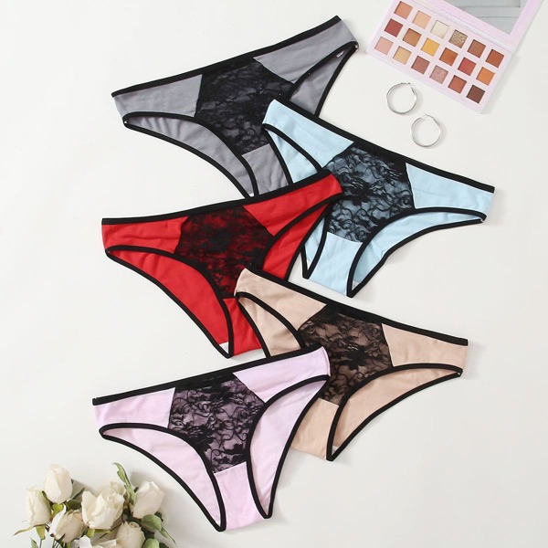 

5pack Plus Contrast Lace Panty Set, Multicolor