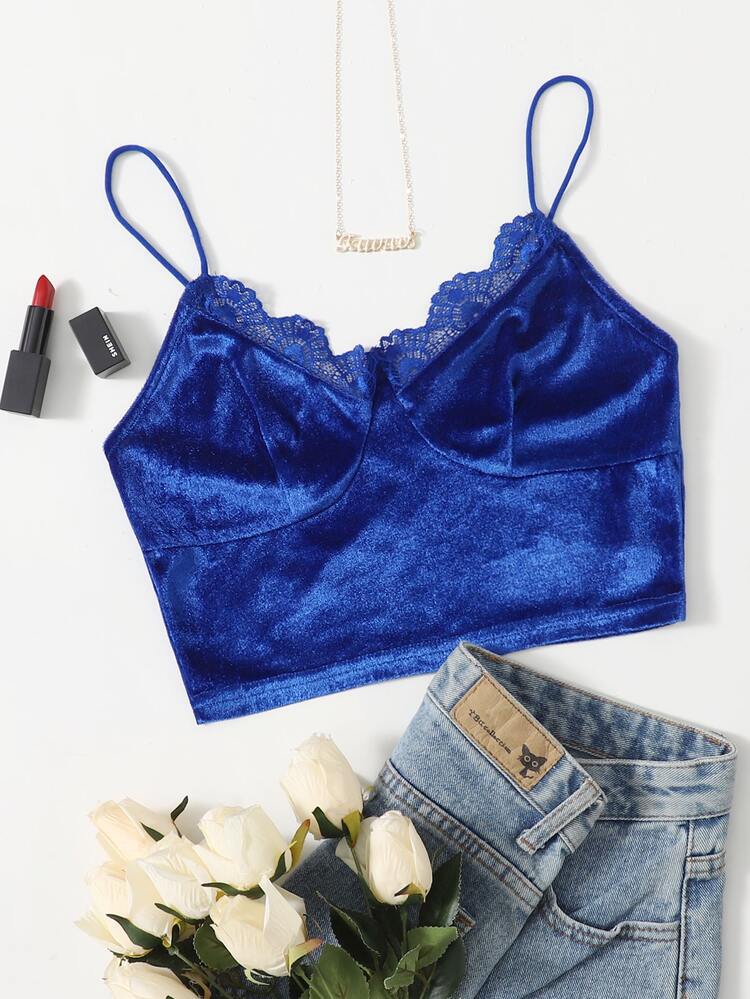 SHEIN Lace Trim Velvet Crop Cami Top - Royal Blue - View 1