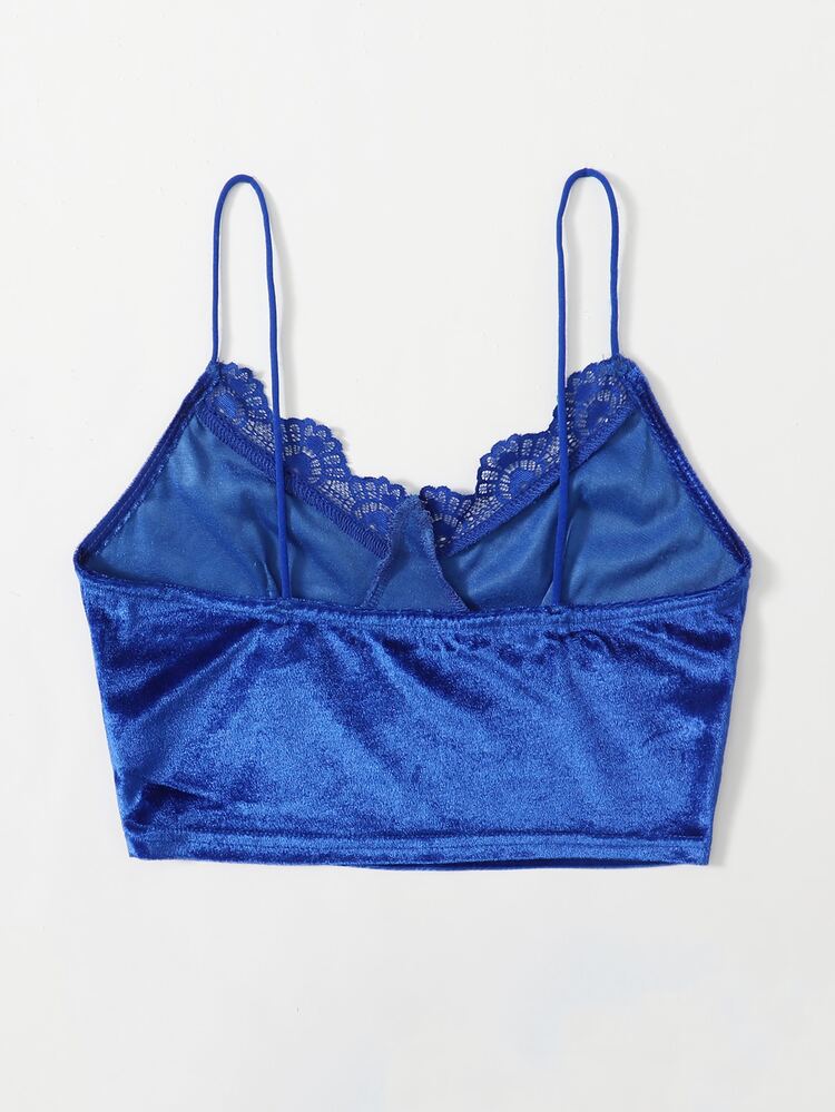 SHEIN Lace Trim Velvet Crop Cami Top - Royal Blue - View 2