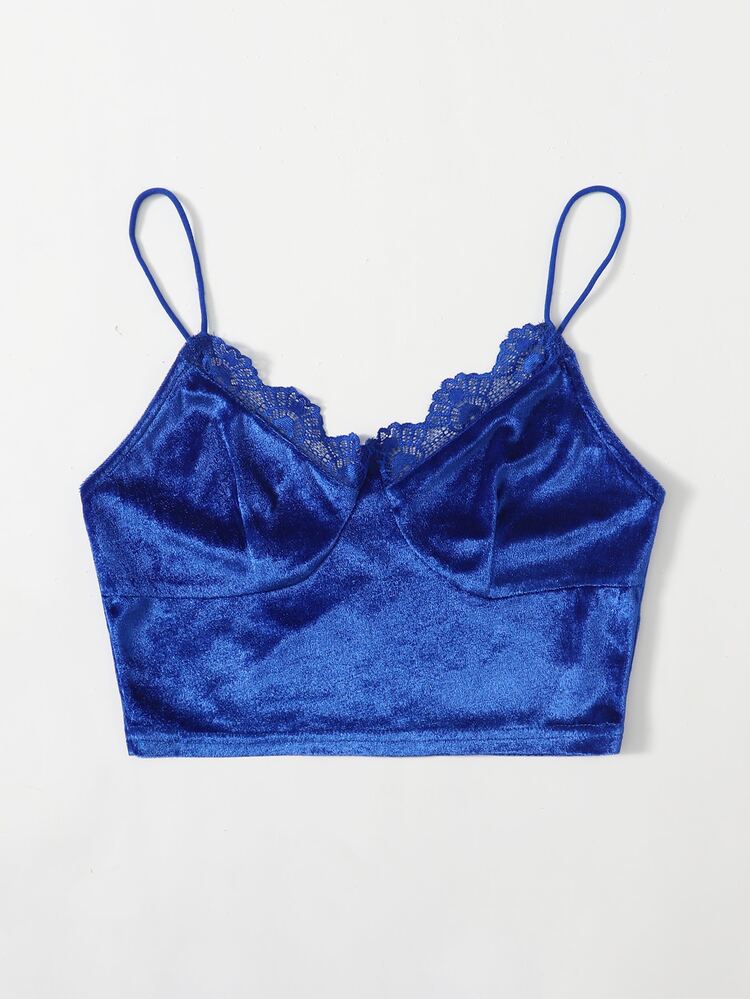 SHEIN Lace Trim Velvet Crop Cami Top - Royal Blue - View 4