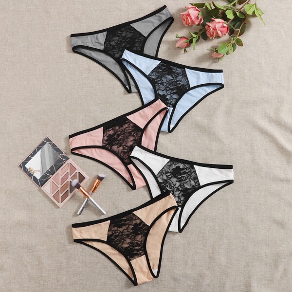

5pack Plus Contrast Lace Panty Set, Multicolor