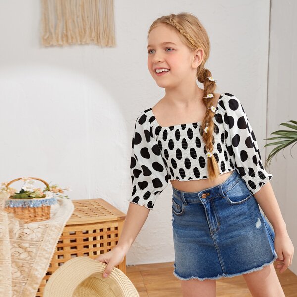 

Girls Shirred Detail Polka Dot Crop Top, Black and white