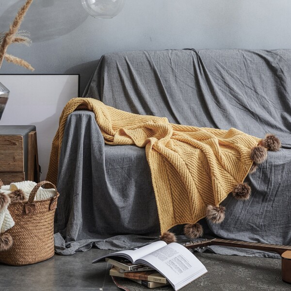 

Pom Pom Knitted Throw, Yellow