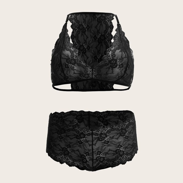 

Plus Floral Lace Lingerie Set, Black