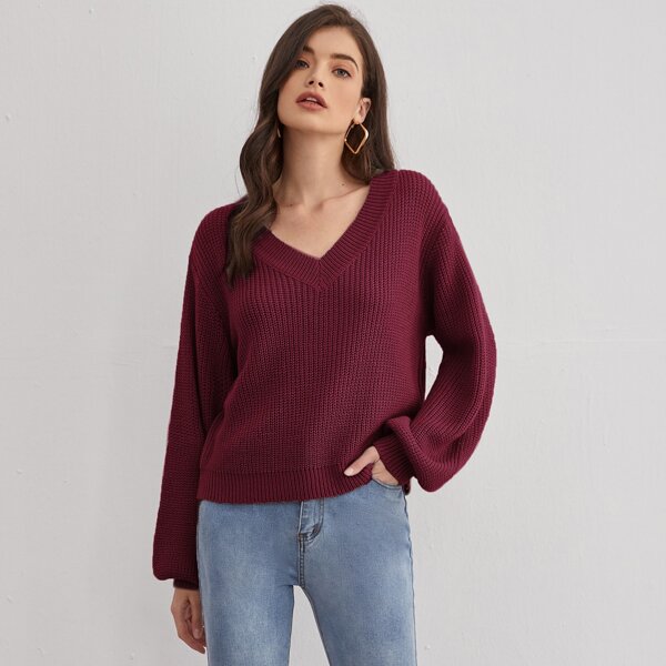 

Drop Shoulder Rib-knit Solid Sweater, Burgundy