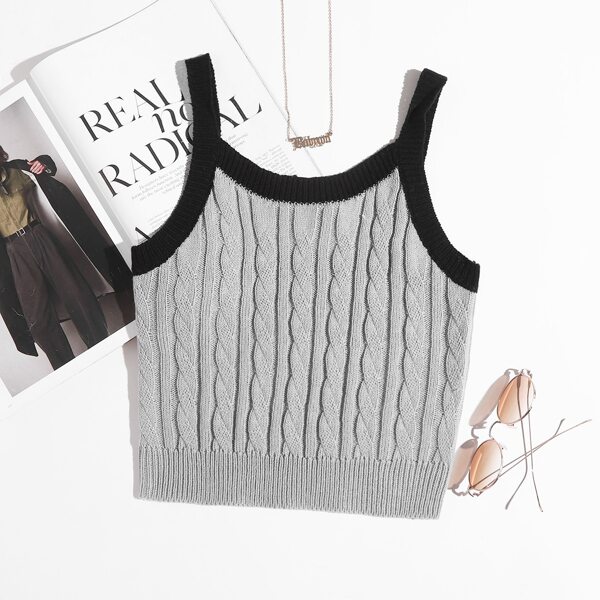 

Contrast Binding Cable Knit Crop Top, Light grey