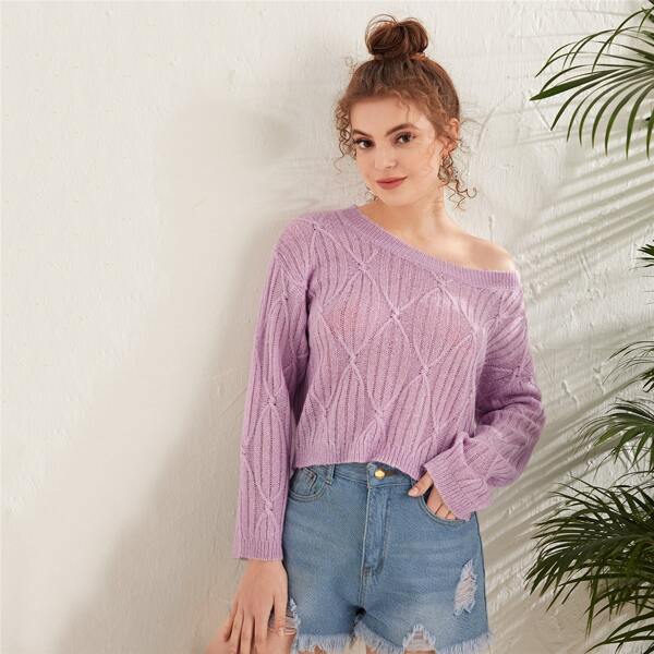 

Drop Shoulder Rib-knit Crop Sweater, Pastel lilac purple