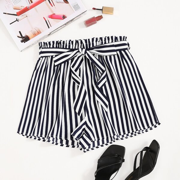 

Plus Striped Self Tie Shorts, Navy blue