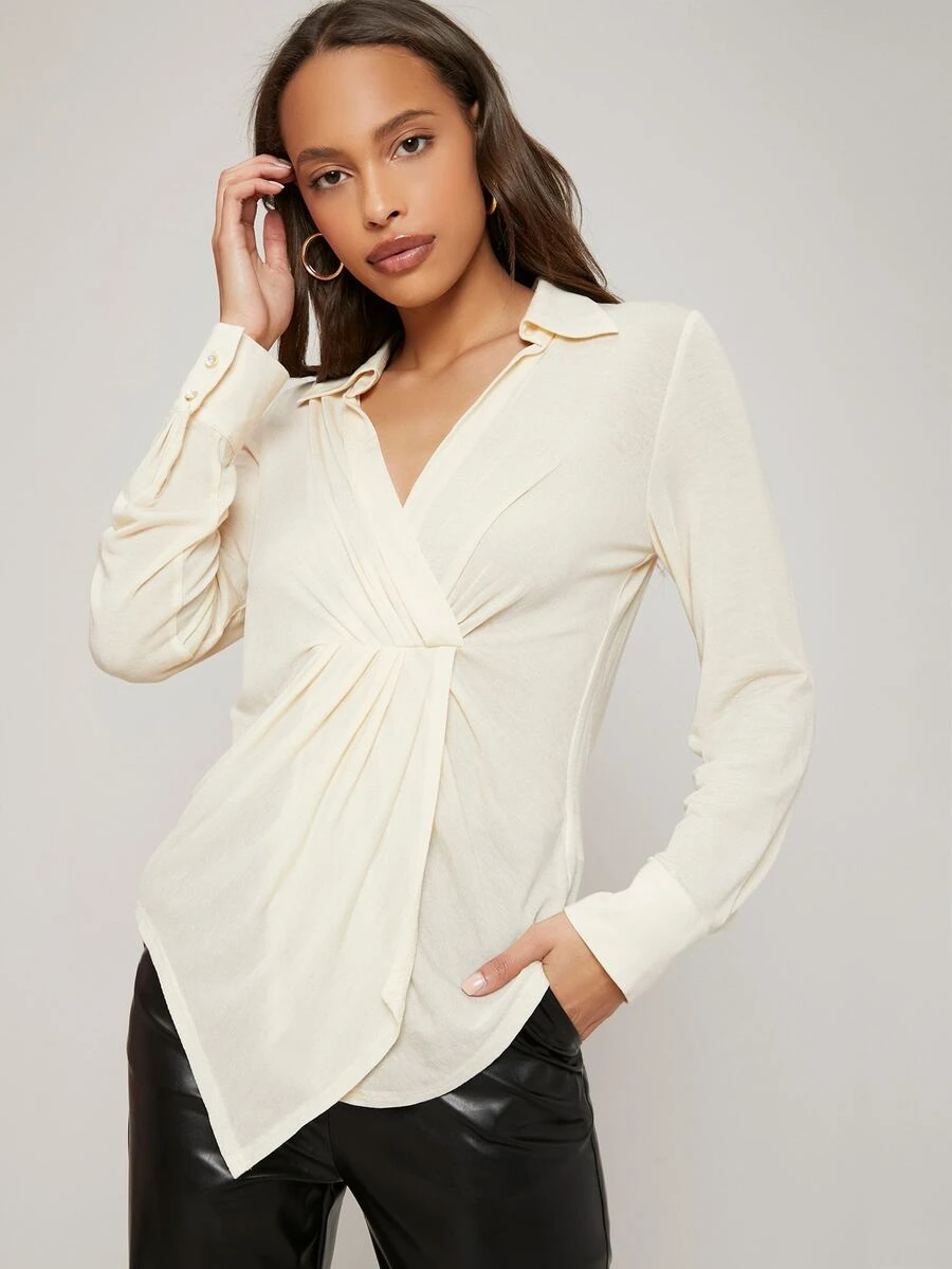 SHEIN Fitted Ruched Blouse - Beige - View 1