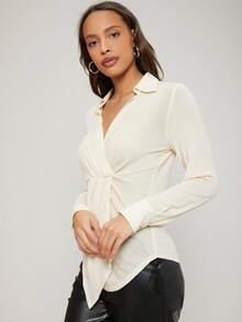 SHEIN Fitted Ruched Blouse - Beige - View 3