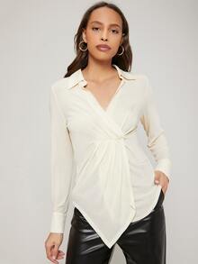 SHEIN Fitted Ruched Blouse - Beige - View 5