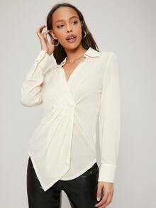 SHEIN Fitted Ruched Blouse - Beige - View 6