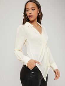 SHEIN Fitted Ruched Blouse - Beige - View 7