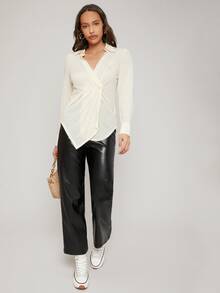SHEIN Fitted Ruched Blouse - Beige - View 9