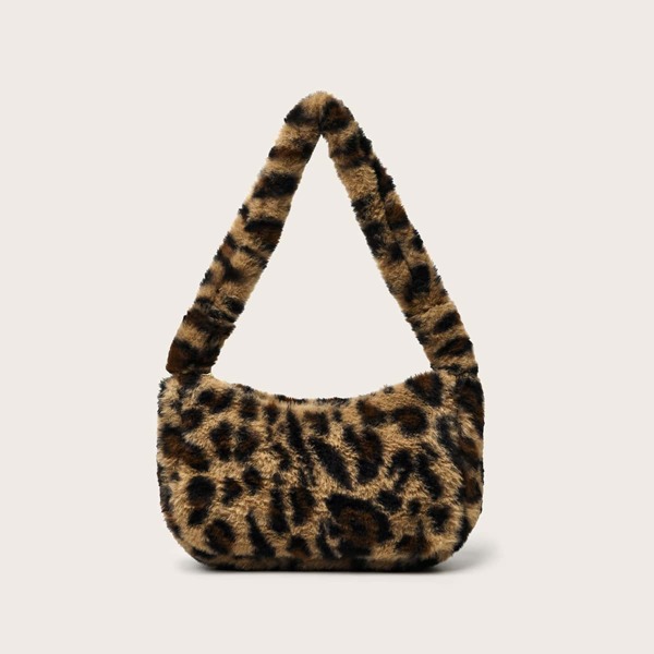 

Leopard Print Fluffy Baguette Bag, Brown