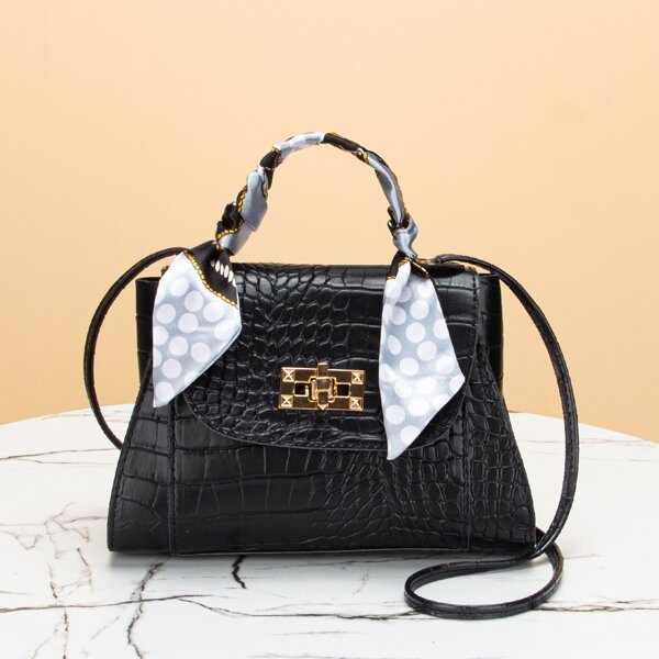 

Twilly Scarf Decor Croc Embossed Satchel Bag, Black