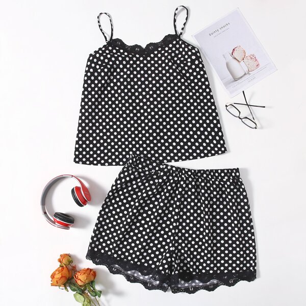 

Plus Polka Dot Contrast Lace Cami Top With Shorts, Black and white