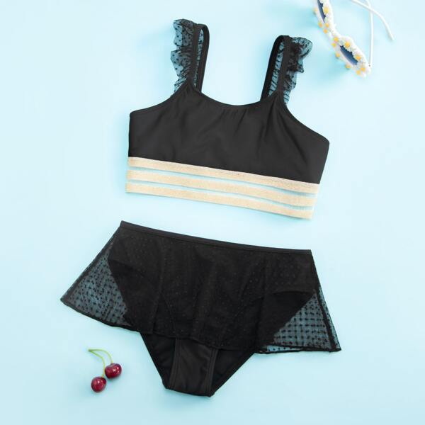 

Girls Contrast Dobby Mesh Skirt Bikini Swimsuit, Black