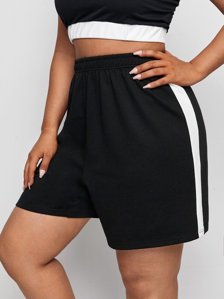 SHEIN EZwear Plus Contrast Sideseam Shorts - Black - View 1