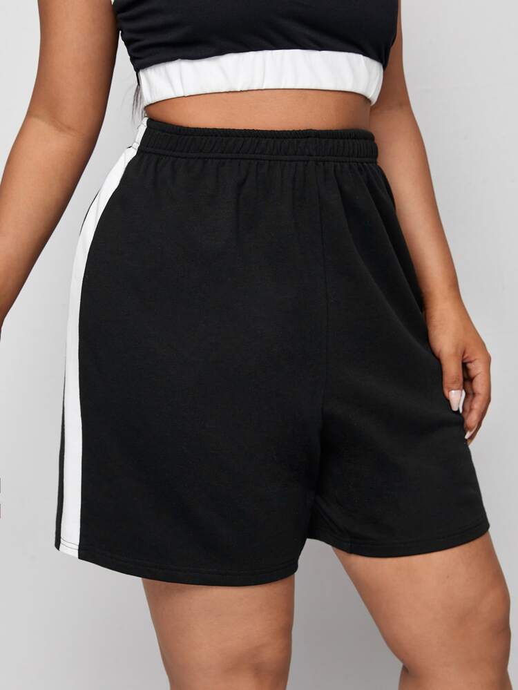 SHEIN EZwear Plus Contrast Sideseam Shorts - Black - View 5