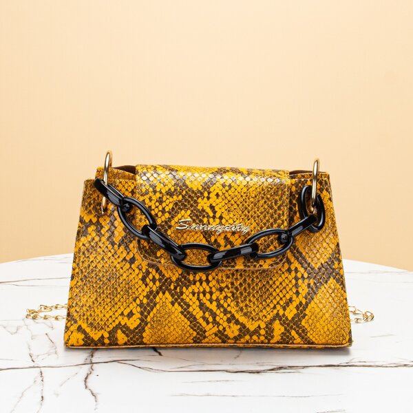 

Snakeskin Print Flap Chain Satchel Bag, Yellow
