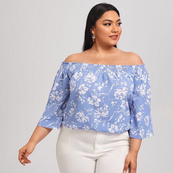 

Plus Shirred Off Shoulder Floral Print Top, Blue and white