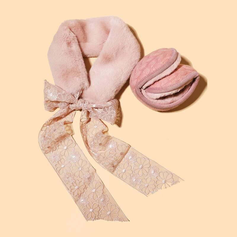 

Lace Bow Knot Decor Scarf & Earmuff, Pink