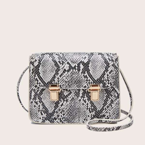 

Snakeskin Print Push Lock Flap Crossbody Bag, Black and white