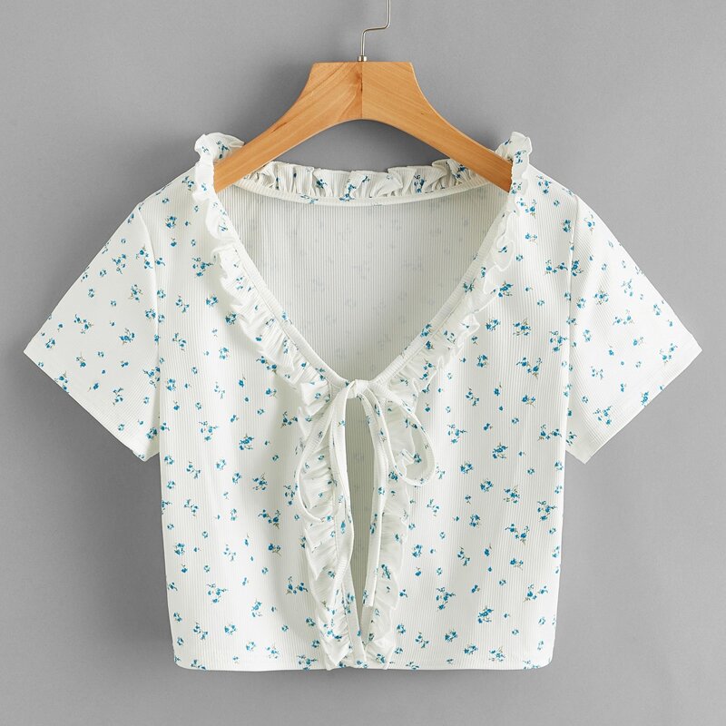 

Frill Trim Ditsy Floral Crop Top, Multicolor