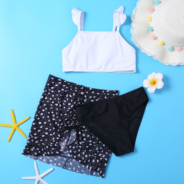 

3pack Girls Dalmatian Ruffle Trim Bikini Swimsuit, Black and white