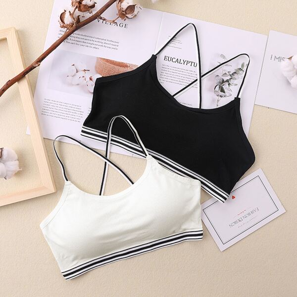

Girls 2pcs Striped Criss Cross Cami Bralette, Black and white