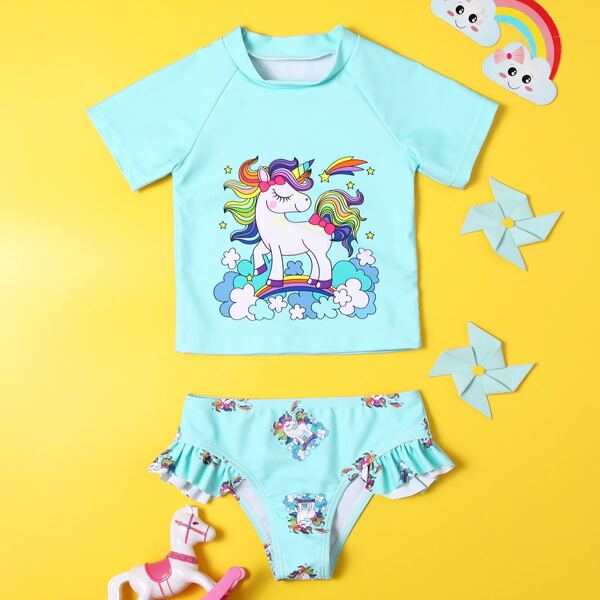 

Toddler Girls Unicorn Print Ruffle Bikini Swimsuit, Blue