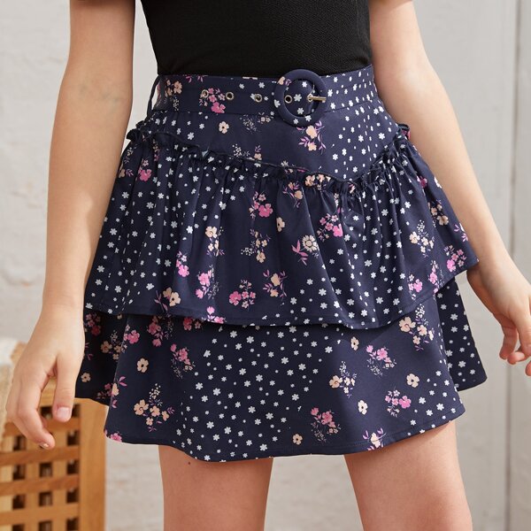 

Girls Floral Layered Hem Skirt, Multicolor