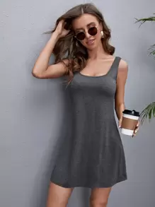 SHEIN LUNE Đầm màu trơn Giải trí - Màu xám đen - Xem 1