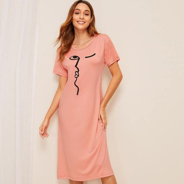 

Stick Figure Graphic Night Dress, Coral pink