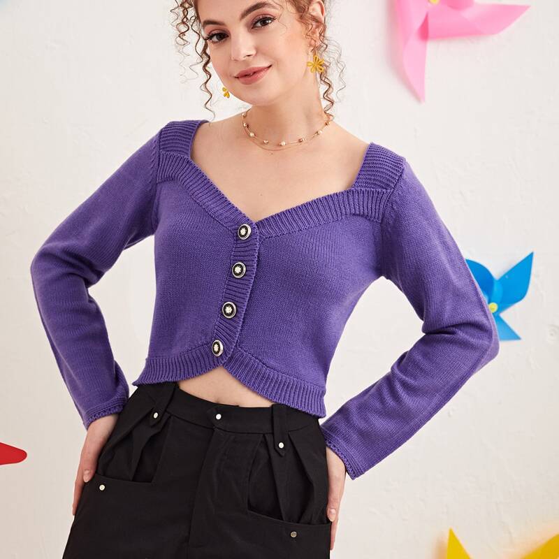 

Single Breasted Solid Cardigan, Violet purple