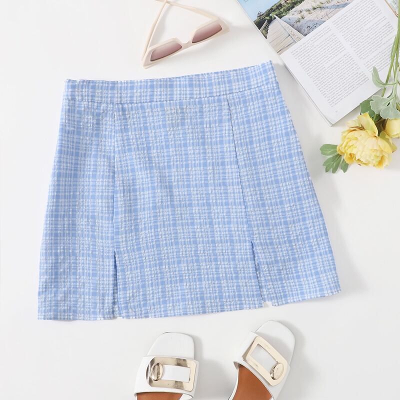 

Slit Hem Plaid Skirt, Blue and white