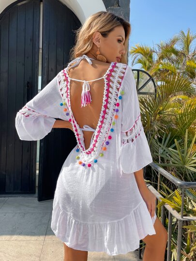 Tied Backless Bell Sleeve Ruffle Hem Cover Up Without Bikini