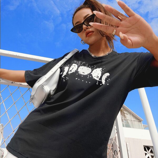 

Drop Shoulder Graphic Print Oversized Longline Tee, Black