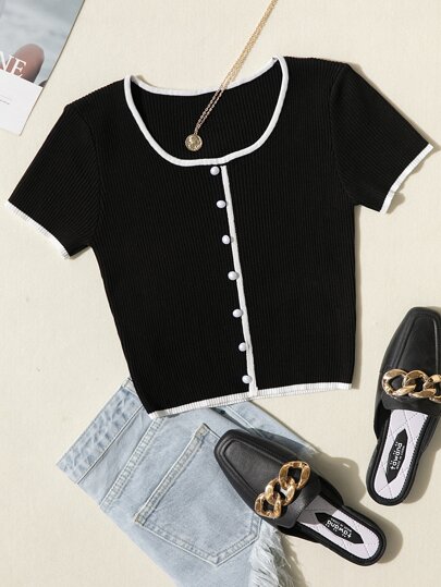 Breezaya Button Front Contrast Binding Rib-knit Top