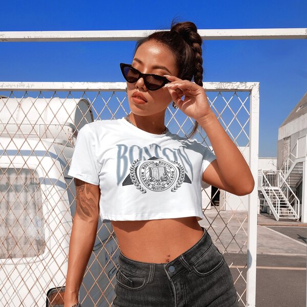 

Letter & Graphic Print Crop Tee, White