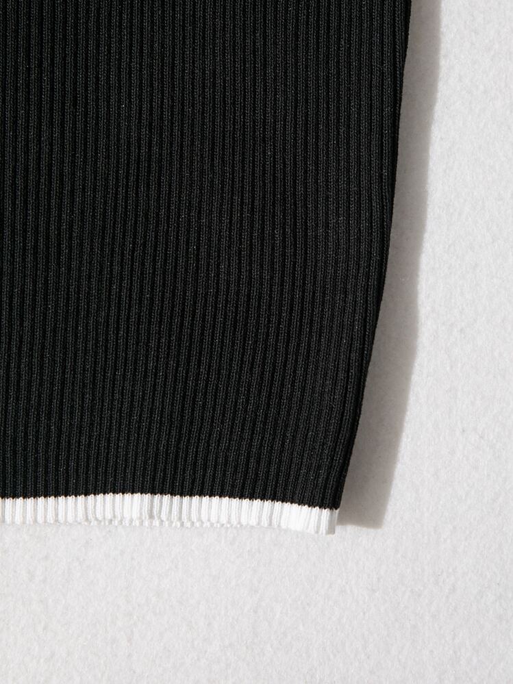 Breezaya 紐扣拼接滾邊羅紋針織上衣 - 黑色 - 查看 4