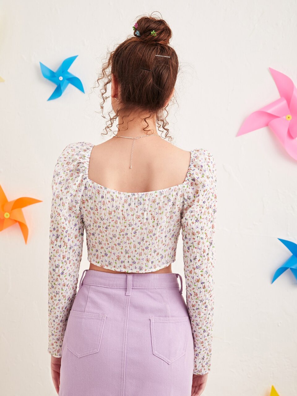 Tie Front Puff Sleeve Ditsy Floral Top