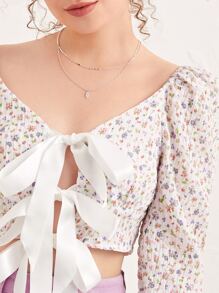 SHEIN Unity 繫帶泡泡袖小碎花上衣 - 彩色 - 查看 4