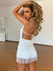 Joyfunear Knotted Backless Fringe Halter Romper - White - View 5