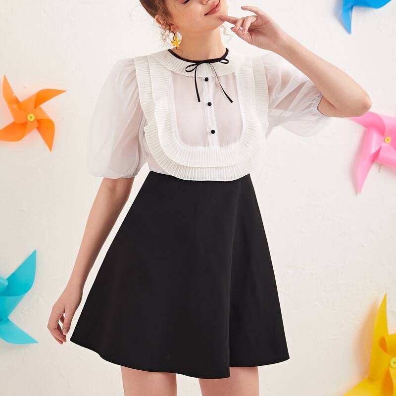 

Puff Sleeve Tie Front Pleated Colorblock Dress, Black and white